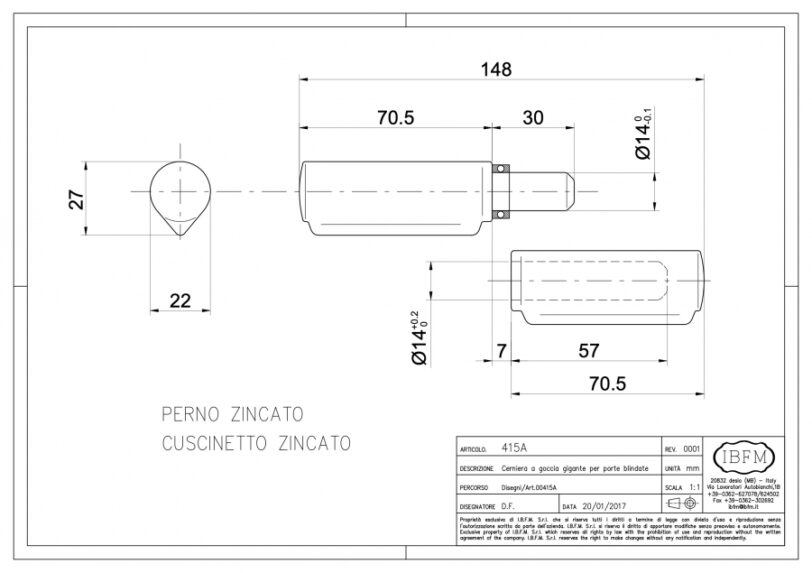 Art. 415/A- Cerniera a Goccia per Porte Blindate Con Perno in Ferro e Cuscinetto a Sfera