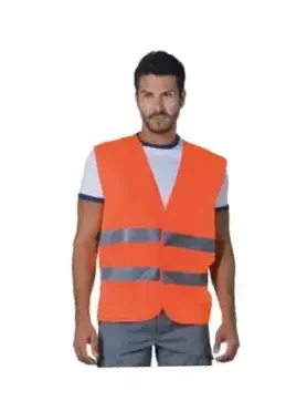 Gilet alta visibilità con chiusura centrale con velcro regolabile. Doppia banda rifrangente H5 cm.